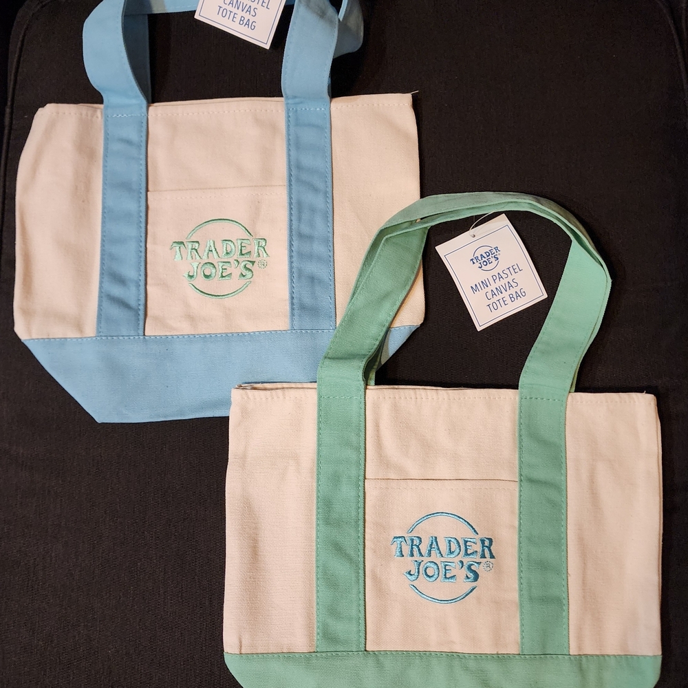 Trader Joe's Pastel Canvas Tote (Mini, 2 In Bundle - a Mint and a Sky Blue)